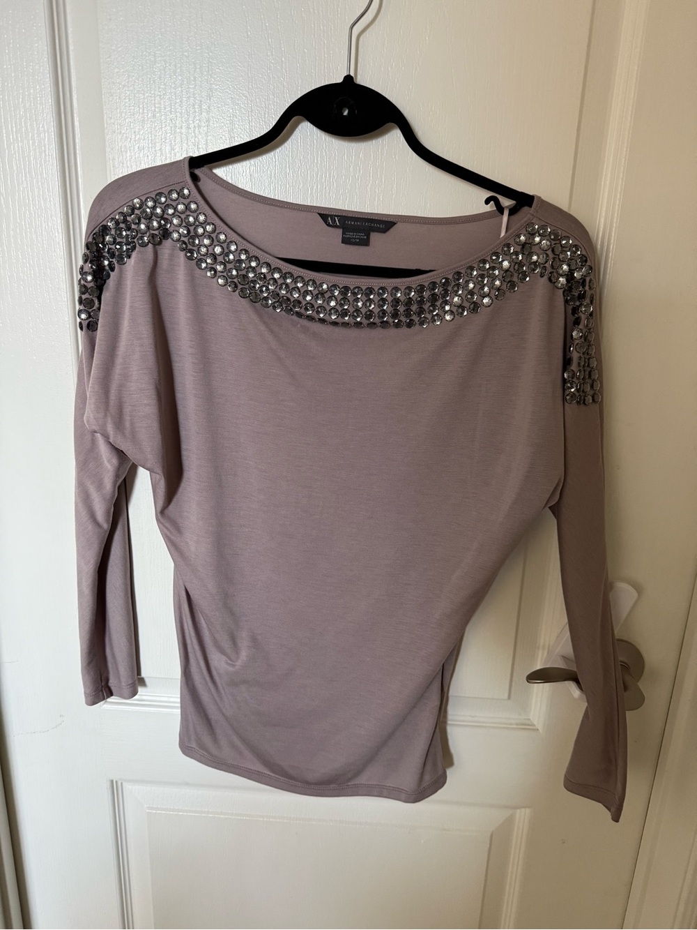 A/X Armani Exchange Mauve Long-Sleeve Jeweled Boatneck Top